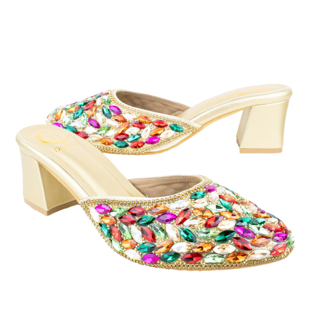 Women Handcrafted Gold Multi Heels with Crystal Stones