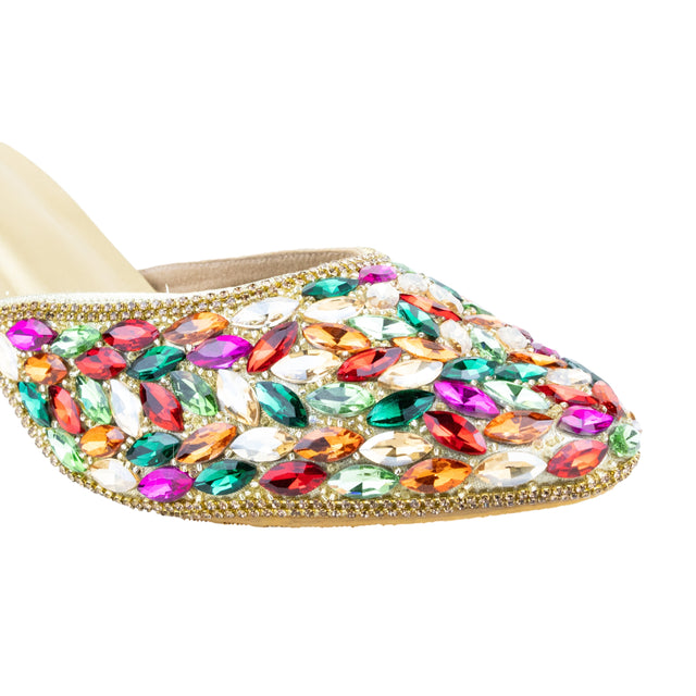 Women Handcrafted Gold Multi Heels with Crystal Stones