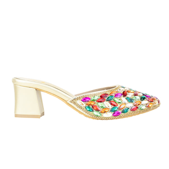 Women Handcrafted Gold Multi Heels with Crystal Stones