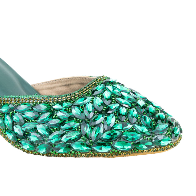 Women Handcrafted Green Heels with Crystal Stones