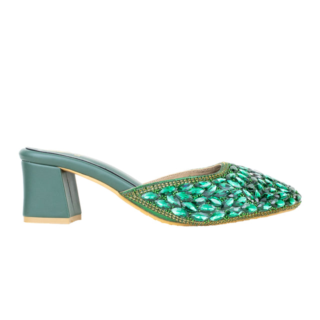 Women Handcrafted Green Heels with Crystal Stones