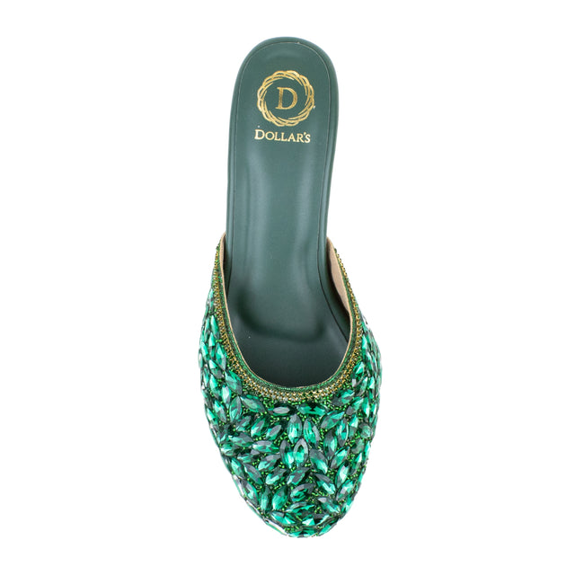 Women Handcrafted Green Heels with Crystal Stones