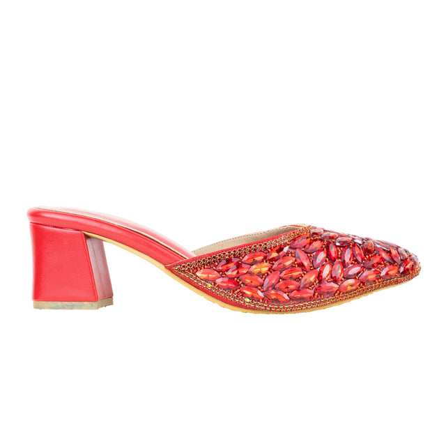 Women Handcrafted Red Heels with Crystal Stones