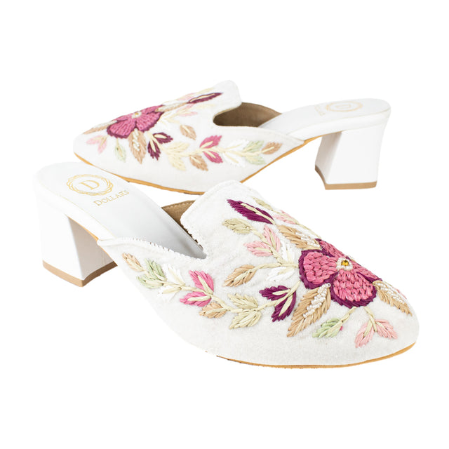 Women Handcrafted White Block Heels