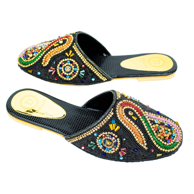 Polished Black Multi Flat Slippers