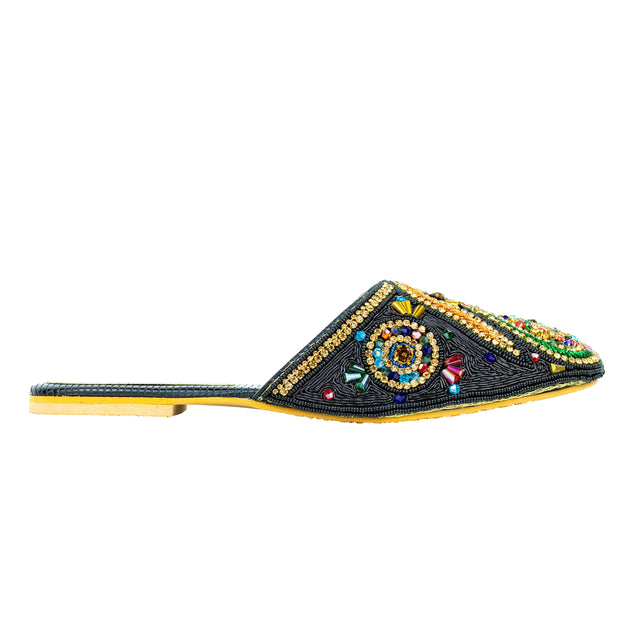 Polished Black Multi Flat Slippers