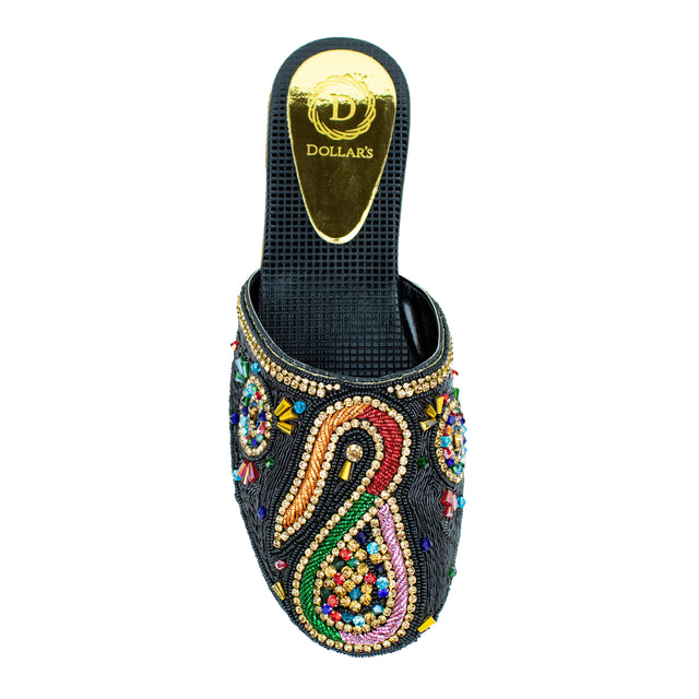 Polished Black Multi Flat Slippers