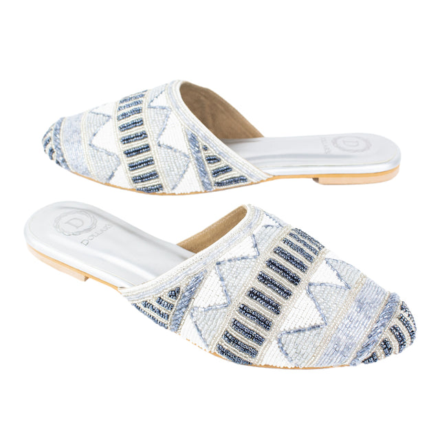 Women Handcrafted Silver Flat Slippers