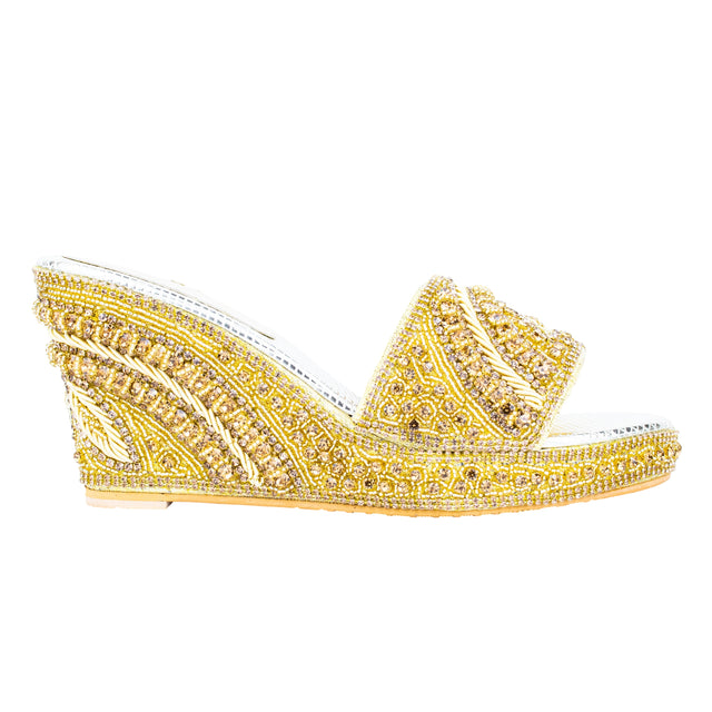 Gold Handcrafted Crystal Wedge Sandals