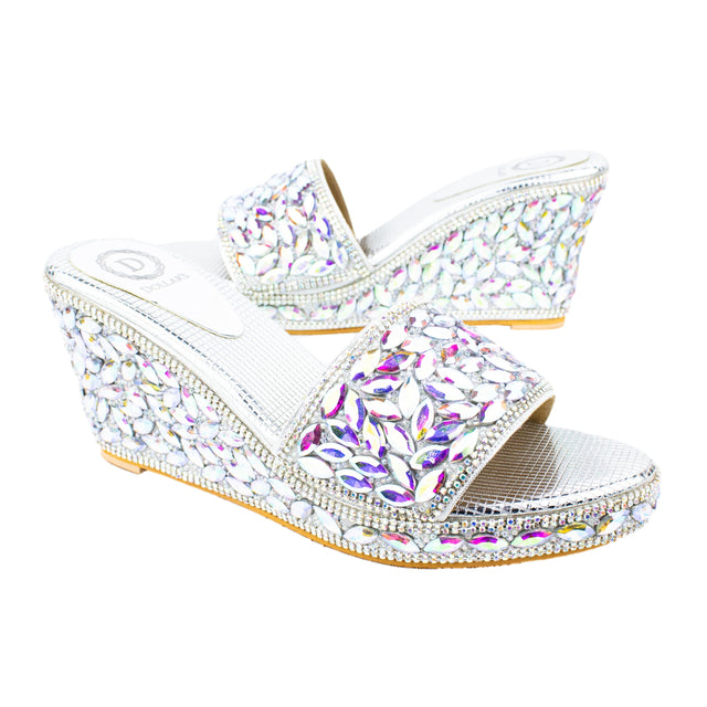 Women Handcrafted Silver Rainbow Wedge Slippers