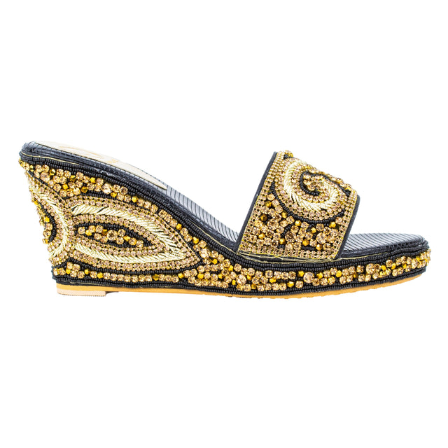 Women Handcrafted Black Wedge Slippers