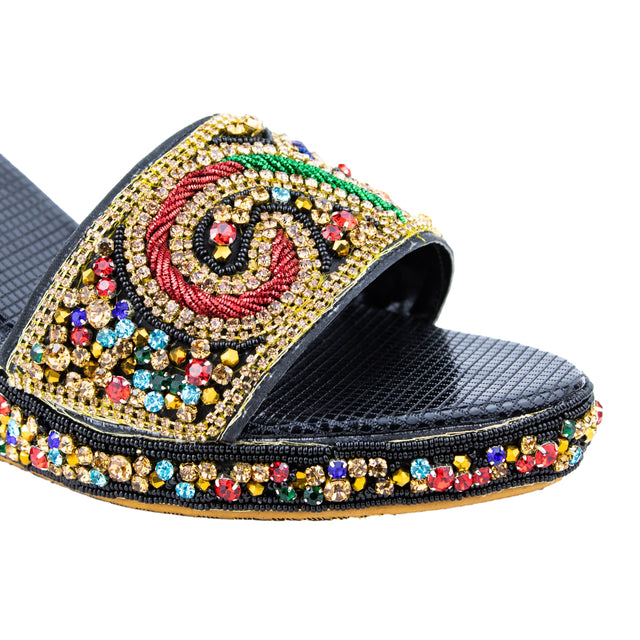 Women Handcrafted Black Multi Wedge Slippers