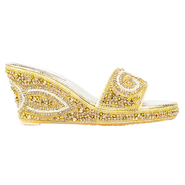 Women Handcrafted Gold Wedge Slippers