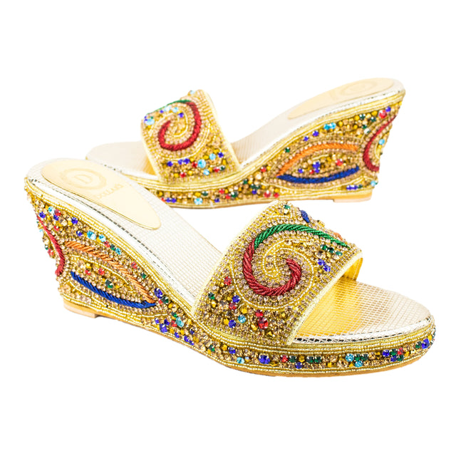 Women Handcrafted Gold Multi Wedge Slippers