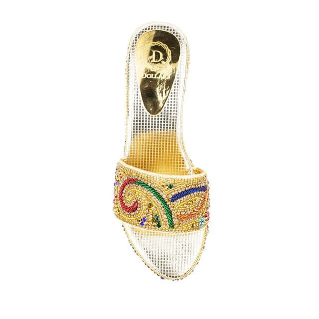 Women Handcrafted Gold Multi Wedge Slippers