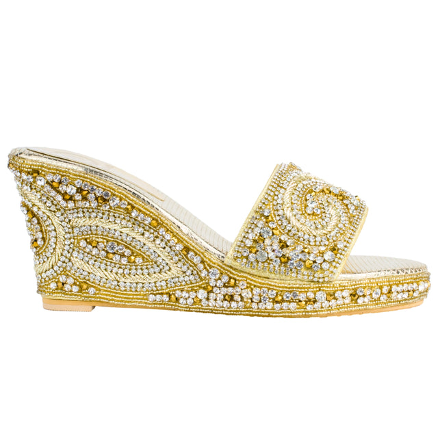 Women Handcrafted Light Gold Wedge Slippers