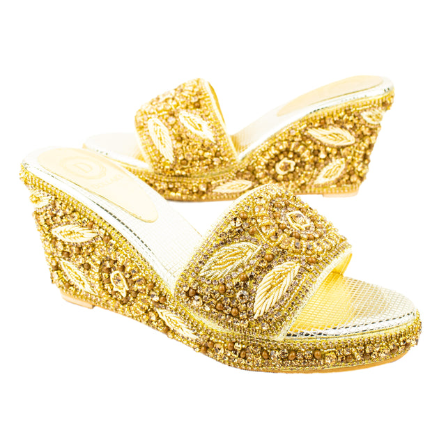 Women Handcrafted Gold Wedge Slippers
