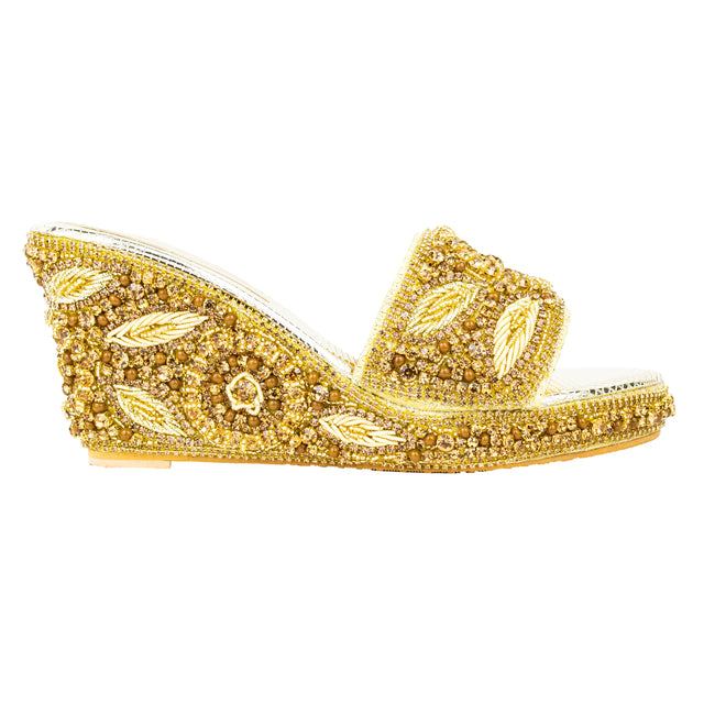 Women Handcrafted Gold Wedge Slippers