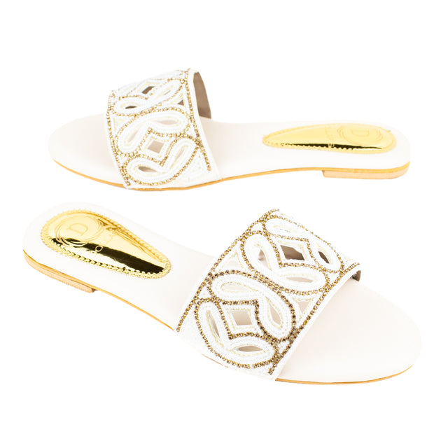 Crystal Cream Flat Sandals