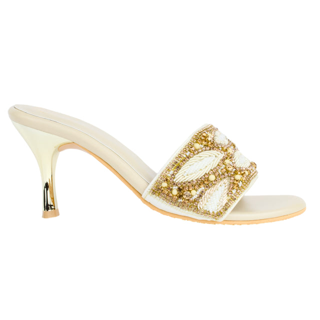Crystal Handcrafted Cream Heel Sandals