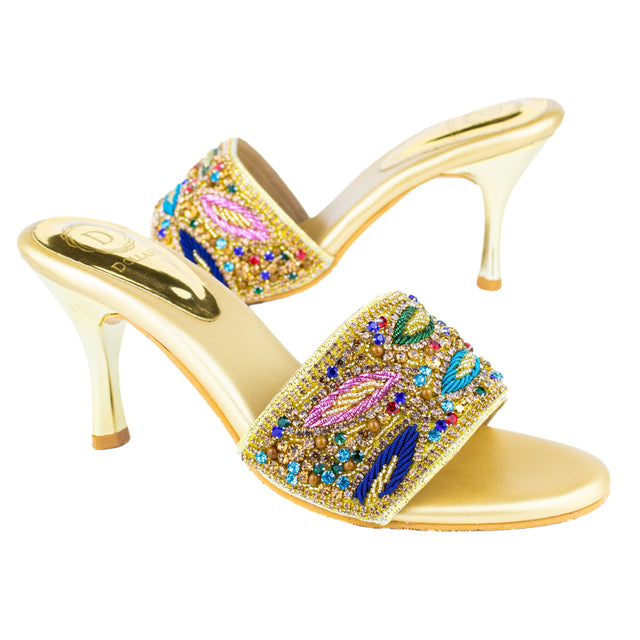 Contemporary Gold Multi Pencil Heel Sandals