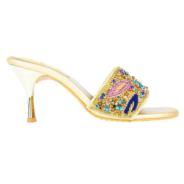 Contemporary Gold Multi Pencil Heel Sandals