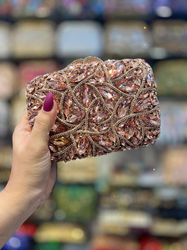 Rose Studded Crystal Work Metallic Frame Beautiful Deep Colour Handbags