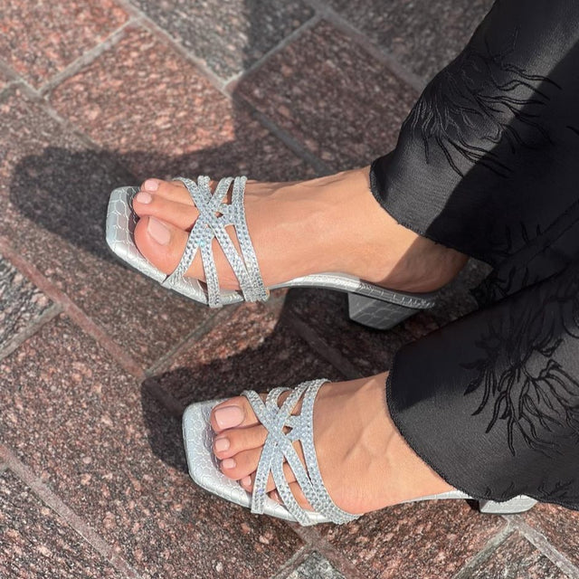 Ahlam Classic Silver Block Heel Sandals