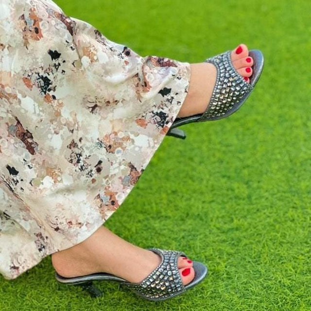 Haya Polished Grey Pencil Heel Sandals