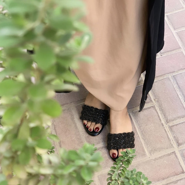 Ghaliyah Handcrafted Black Block Heel Sandals