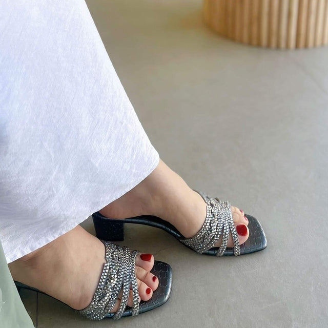 Salwa Edgy Grey Block Heel Sandals