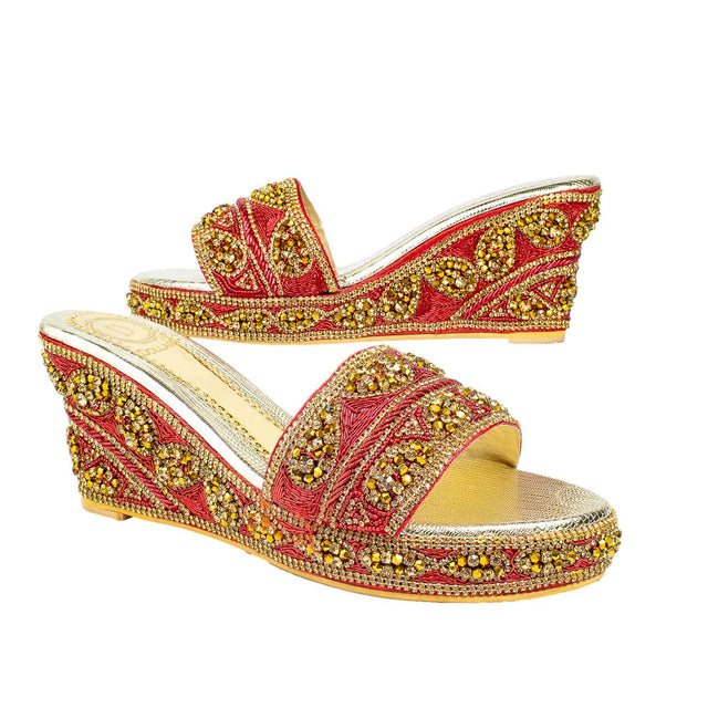 Red Crystal Embellished Elegant Heel sandals Handcrafted Wedge