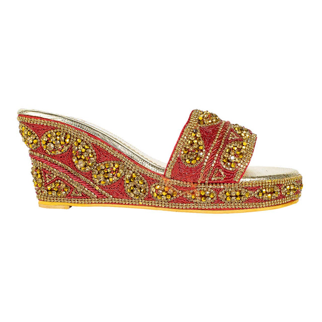 Red Crystal Embellished Elegant Heel sandals Handcrafted Wedge