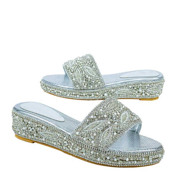 Silver Crystal Embellished Platform Wedge sandals Handcrafted Wedge