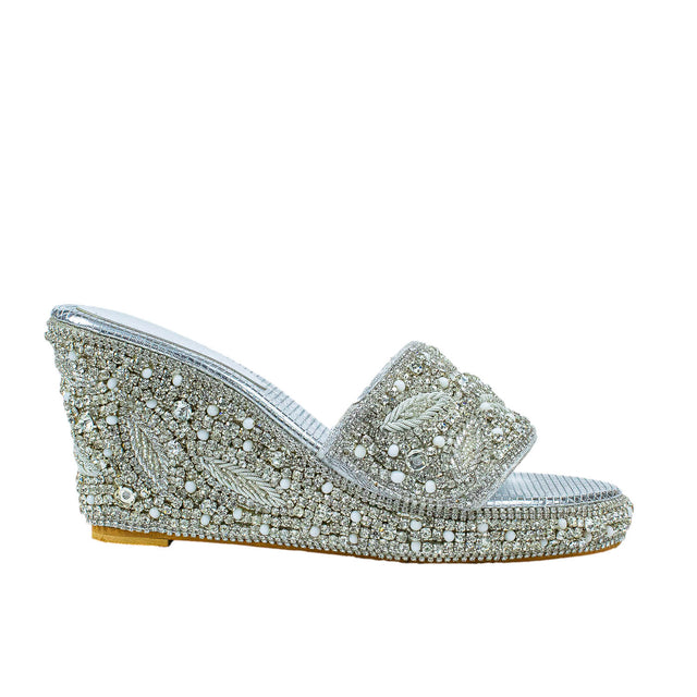 Silver Crystal Embellished Platform Wedge sandals Handcrafted Wedge