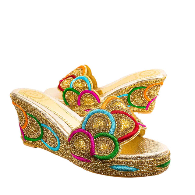 Handcrafted Gold Multicolour Wedge Heel Sandals