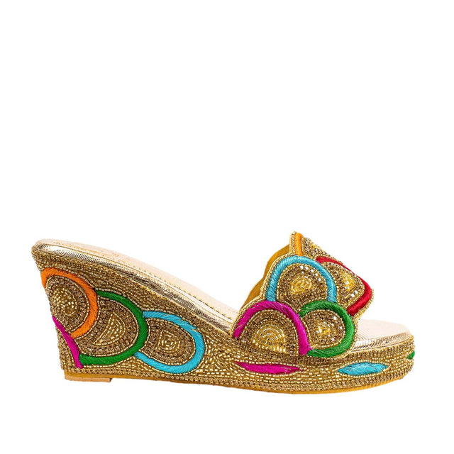 Handcrafted Gold Multicolour Wedge Heel Sandals