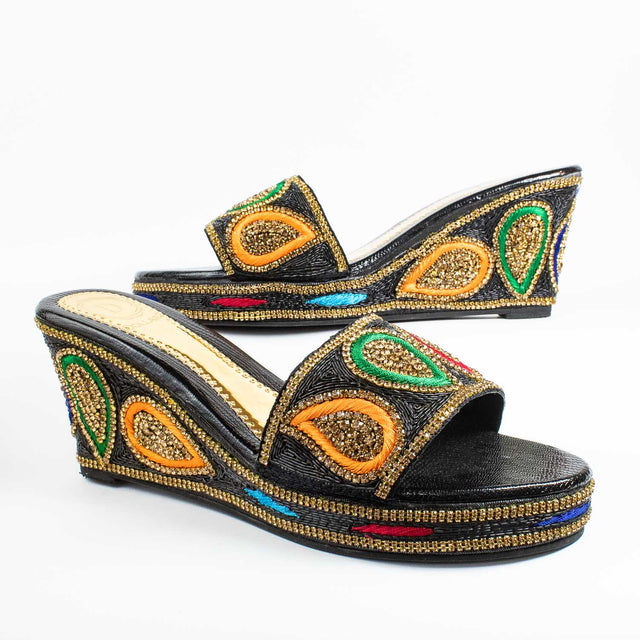 Handcrafted Black Multicolour Crystal Wedge Heel Sandals