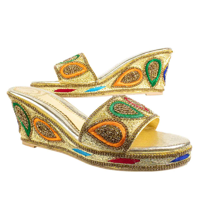 Handcrafted Gold Multicolour Wedge Heel Sandals