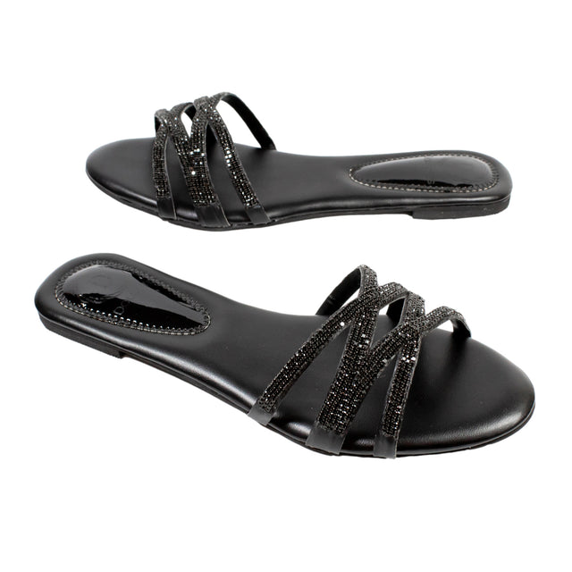 Black Crystal Embellished Elegant Flat sandals Handcrafted Flats