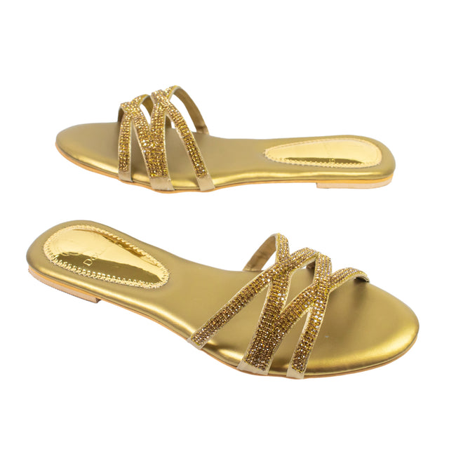 Gold Crystal Embellished Elegant Flat sandals Handcrafted Flats