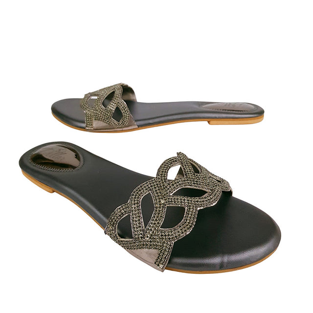 Crystal Handcrafted Grey Flat Sandals