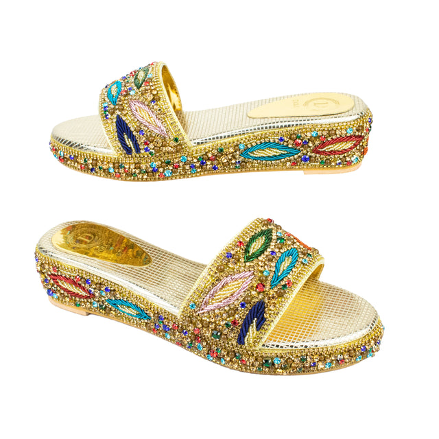 Handcrafted Gold Multicolour Wedge Sandals