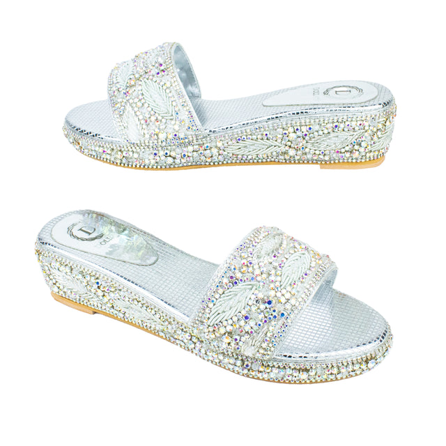 Handcrafted Glitter Silver Wedge Sandals