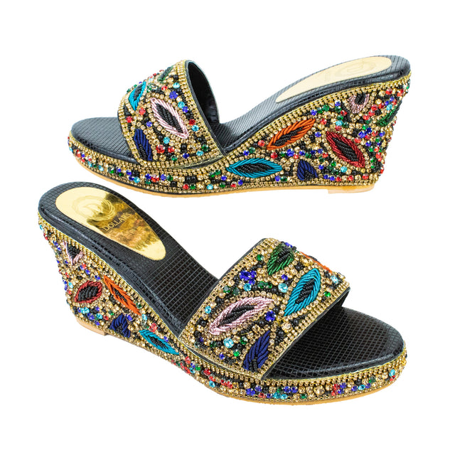 Handcrafted Black Gold Multicolour Heel Wedge Sandals