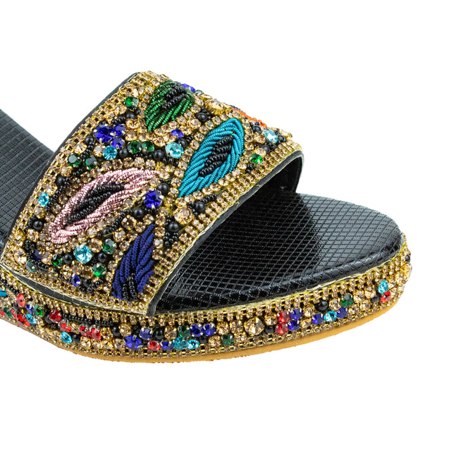 Handcrafted Black Gold Multicolour Heel Wedge Sandals