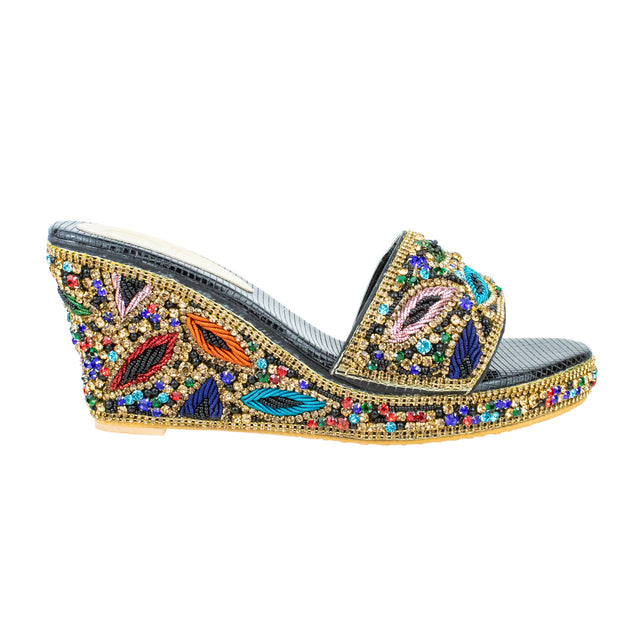 Handcrafted Black Gold Multicolour Heel Wedge Sandals