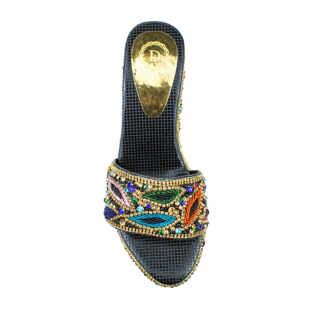 Handcrafted Black Gold Multicolour Heel Wedge Sandals