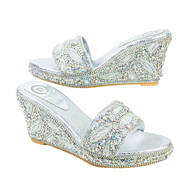 Handcrafted Glitter Silver Wedge Sandals