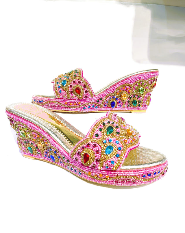 Pink Multicolour Crystal Embellished Elegant Heel sandals Handcrafted Wedge